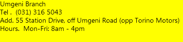 Umgeni Depot (Cheap Batteries / We Buy Scraps) Tel . (031) 316 5043 Add. 55 Station Drive, off Umgeni Road (opp Torino Motors) Hours. Mon-Fri: 8am - 4pm  